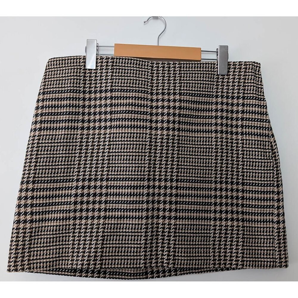Black White Brown Houndstooth Wool Blend Mini Skirt